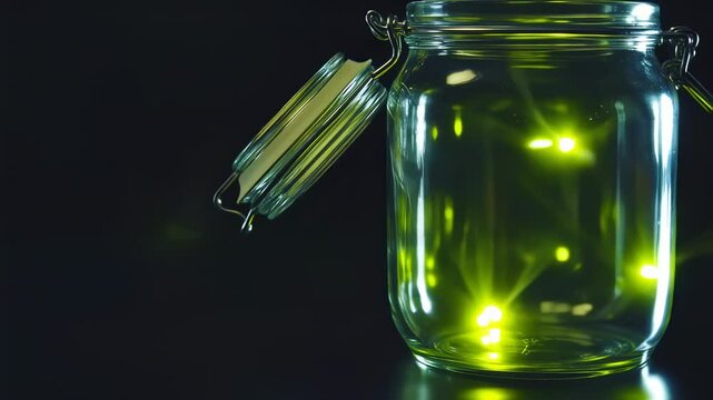 Enchanting display of glowing fireflies captured inside a vintage mason jar on dark surface