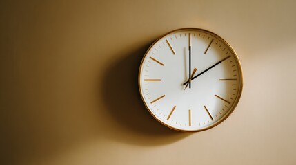 A round wall clock on a light beige wall