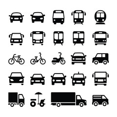 Collection of Black Silhouette Icons Depicting Various Modes of Transportation Including Cars Buses Trains Bikes Trucks and More