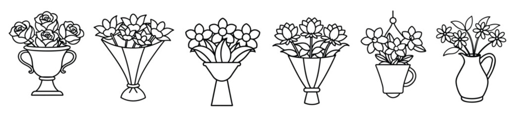set flower rose lily flower bouquet line art vector icon illustration white background.