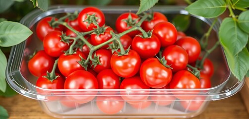 Cluster of ripe red cherry tomatoes in clear plastic tray,  healthy,  ripe