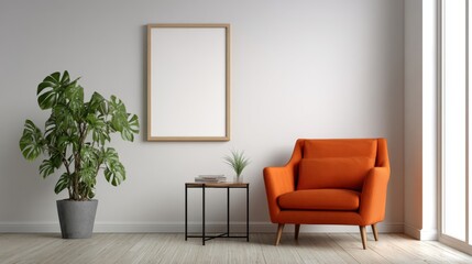 Modern living room interior orange armchair plant wooden frame side table
