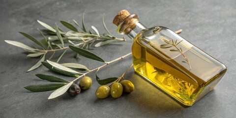 Refill Bottle of Olive Oil with Olive Branch on Grey Surface