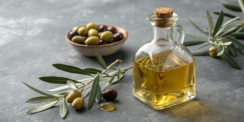Refill Bottle of Olive Oil with Olive Branch on Grey Surface