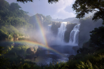 Ethereal Mist Dancing Around Majestic Waterfall Amidst Lush Greenery