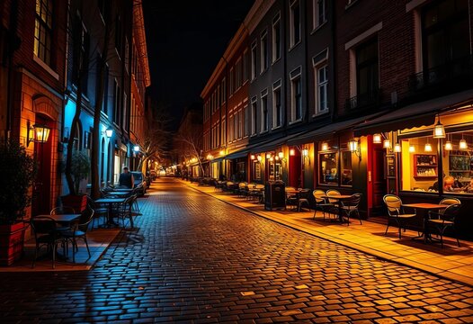 Fototapeta Cobblestone street, cafe lights, empty tables, night,  Belgium,  patio