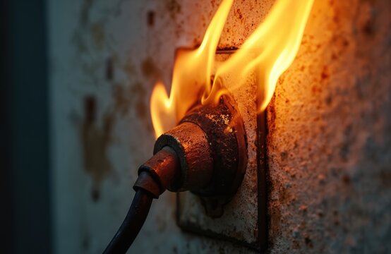 Dangerous electrical hazard with sparking red cord on beige wall outlet. Overheated device or static electricity buildup. Electrical circuit with light switch above it.