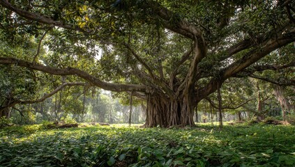 Vibrant photo of large banyan tree with thick roots and green leaves, bathed in sunlight. The trunk of the massive tree is covered by dense foliage that stretches across its.