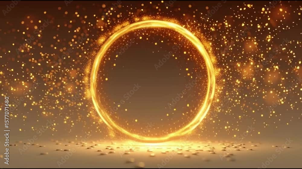 Poster glowing golden ring made of sparkling light particles floating in dark magical space with intense sh