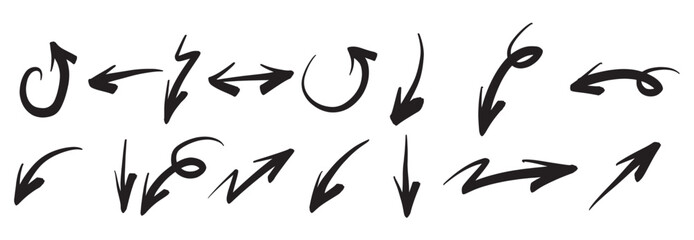 set hand drawn vector arrows doodle white background.