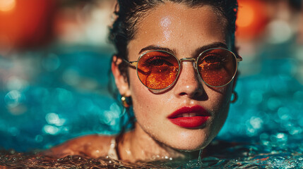 Fototapeta premium Elegant woman with wet hair, red lips, and sunglasses enjoying a refreshing swim in a bright, sunny pool. Photographed in vibrant colors, capturing the essence of summer relaxation.