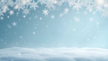 Naklejka premium Serene winter scene with white snowflakes, light blue sky. Snowflakes scattered throughout, adding depth, dimension. Stars twinkle in sky, giving sense of sparkle. Clean, simple, calm illustration.