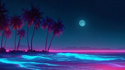 Neon beach at night with palm trees and moon casting a glow on the ocean waves and horizon line