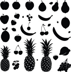 Black-and-White Vector Illustration of Fruit Icon Grid – 25-Item Produce Silhouette Collection