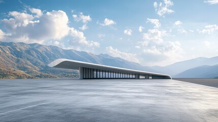 Modern architecture, expansive concrete plaza, mountainous backdrop.
