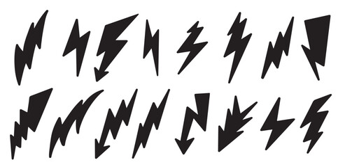 set hand drawn vector doodle electric lightning bolt symbol sketch illustrations vector illustration