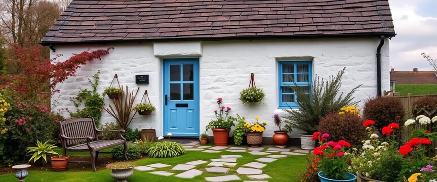 Fototapeta Cozy Scottish cottage with stone walls and charming garden, landscape, window