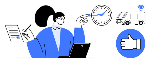 Woman organizing tasks at laptop with a clock, document, bus, and approval sign in a modern style. Ideal for time management, productivity, schedule planning, public transport, organization remote