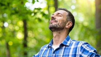 Fototapeta premium Man breathing deeply in forest
