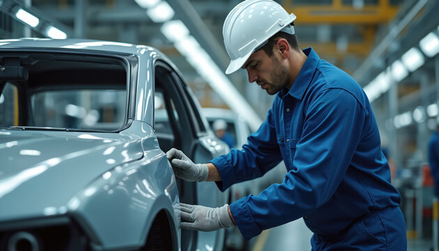 Car mechanic in blue uniform examines front of gray car with dent on door. Workspace organized with other cars and equipment in background. Busy car repair shop scene.