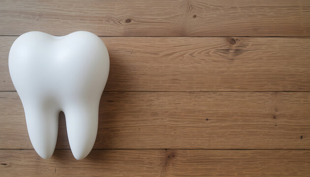 White tooth-shaped decorative object on a wooden table