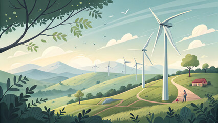 Illustration of wind turbines on green hills landscape for renewable energy and sustainable living concept art