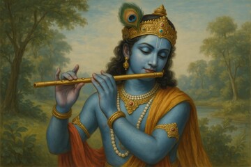Obraz premium Peaceful Krishna Playing Flute in a Serene Landscape