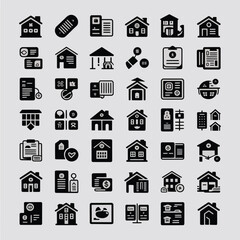 Collection of Fifty Black Glyph Real Estate House Home Building Property Icons on Light Gray Background