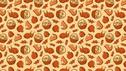A festive thanksgiving pattern featuring turkey, pie, and fruit baskets on a light orange background