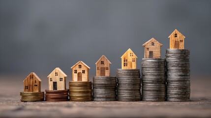 Wooden house models atop ascending coin stacks symbolizing real estate market growth and investment