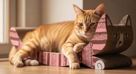 Adorable Orange Tabby Cat Relaxing in a Cute Cardboard Cat Bed Shaped Like a Cat