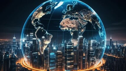 A futuristic cityscape at night under a glowing digital globe with illuminated skyscrapers, representing advanced urbanization and technological advancement through global connectivity. 4k video - Powered by Adobe