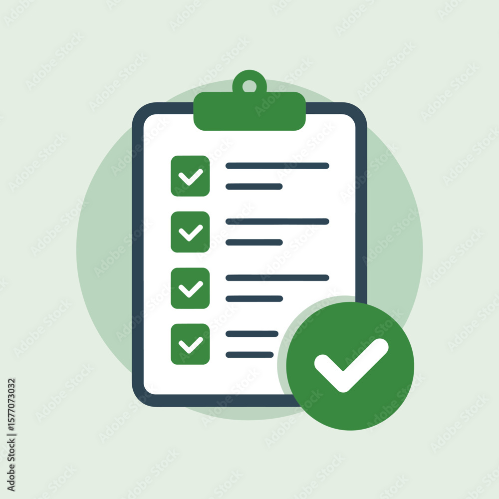 Poster green and white flat checklist icon on clipboard with green checkmarks and a large green checkmark c