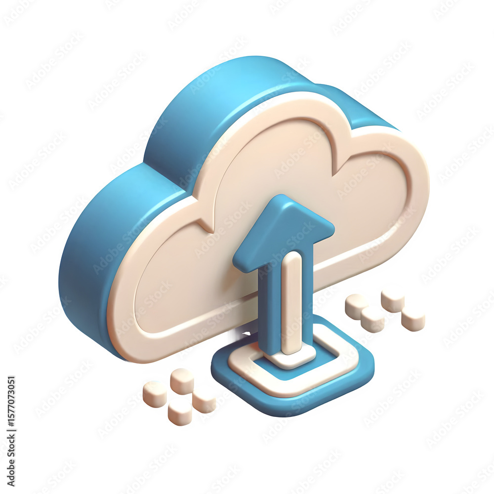 Poster 3d isometric cloud upload icon with blue arrow and data isolated on transparent background
