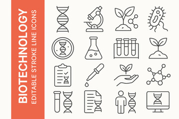 Biotechnology Editable Stroke Icons: Modern Science, DNA & Bioengineering Vectors
