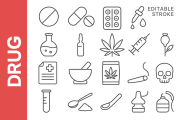 Drug Editable Stroke Icons: Modern Pharmacy, Medicine & Pharmaceutical Vectors