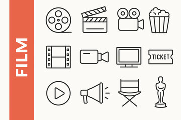 Film Line Icon Set: Modern Cinema, Movie Production & Media Vectors