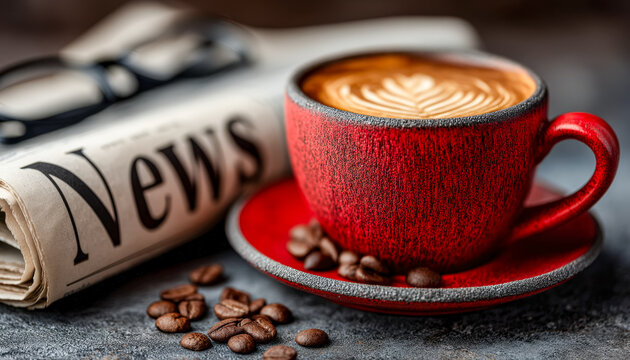 Coffee cup with latte art and a rolled-up newspaper on a textured surface - Powered by Adobe