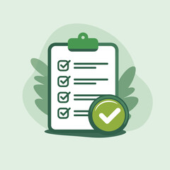 Green and White Checklist Icon on Clipboard with Green Checkmark Circle Completed Task List Flat Design Illustration