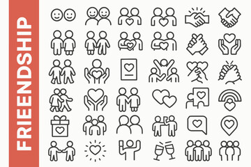 Fototapeta premium 40 Friendship Line Icons: Modern Relationship, Social & Community Vectors