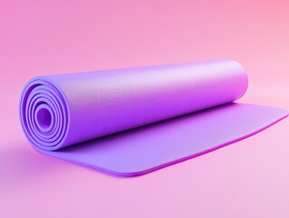 A minimalist 3D render of a purple yoga mat promoting fitness and healthy lifestyle habits in a bright and simple studio setting