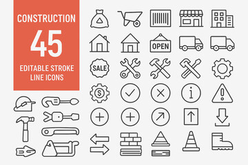 45 Construction Editable Icons: Modern Building, Renovation & Engineering Vectors