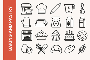 Baking & Pastry Line Icons: Modern Culinary, Dessert & Sweet Food Vectors