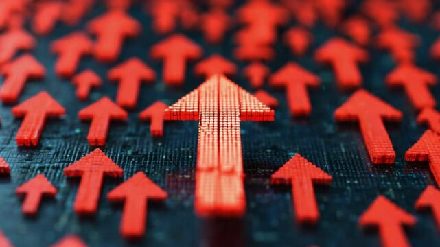 A red arrow stands out prominently among smaller arrows on a digital matrix background, symbolizing leadership and progress.