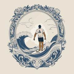 Minimalist Surfer Ocean Wave T-Shirt Design Crest Style Illustration