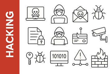 Hacking Line Icon Set: Modern Cybersecurity, Privacy & Data Breach Vectors