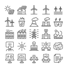 Collection of Thirty Black Line Icons Depicting Renewable and Non Renewable Energy Sources Power Generation Transmission and Consumption Sustainability and Environmental Impact
