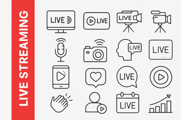 Live Streaming Line Icons: Modern Video Broadcast & Online Entertainment Vectors