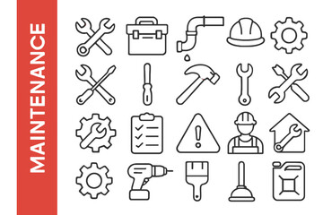 Obraz premium Maintenance Line Icon Set: Modern Repair, Service & Technical Support Vectors