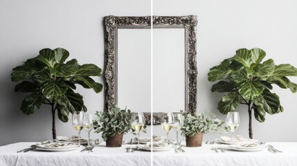 Table setting with plants and mirror